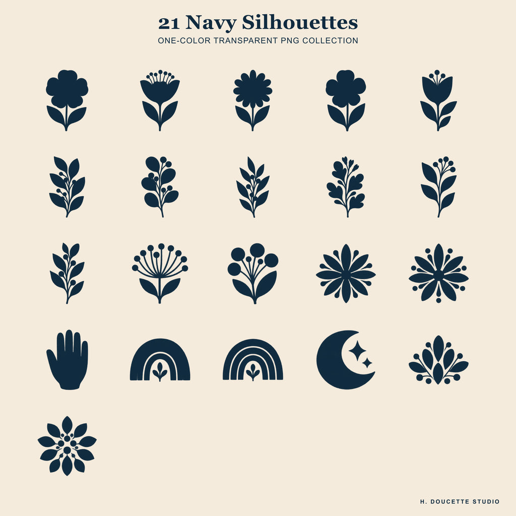 Overview of all 21 matching navy silhouette transparent PNG illustrations.