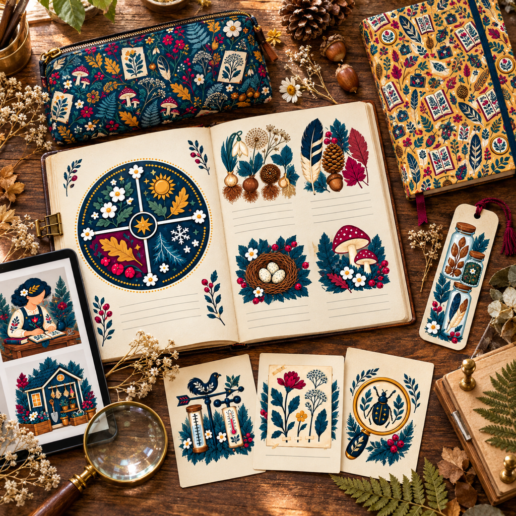 Naturalist artwork used in a seasonal field journal, observation cards, bookmark, tablet, patterned pouch, and notebook.