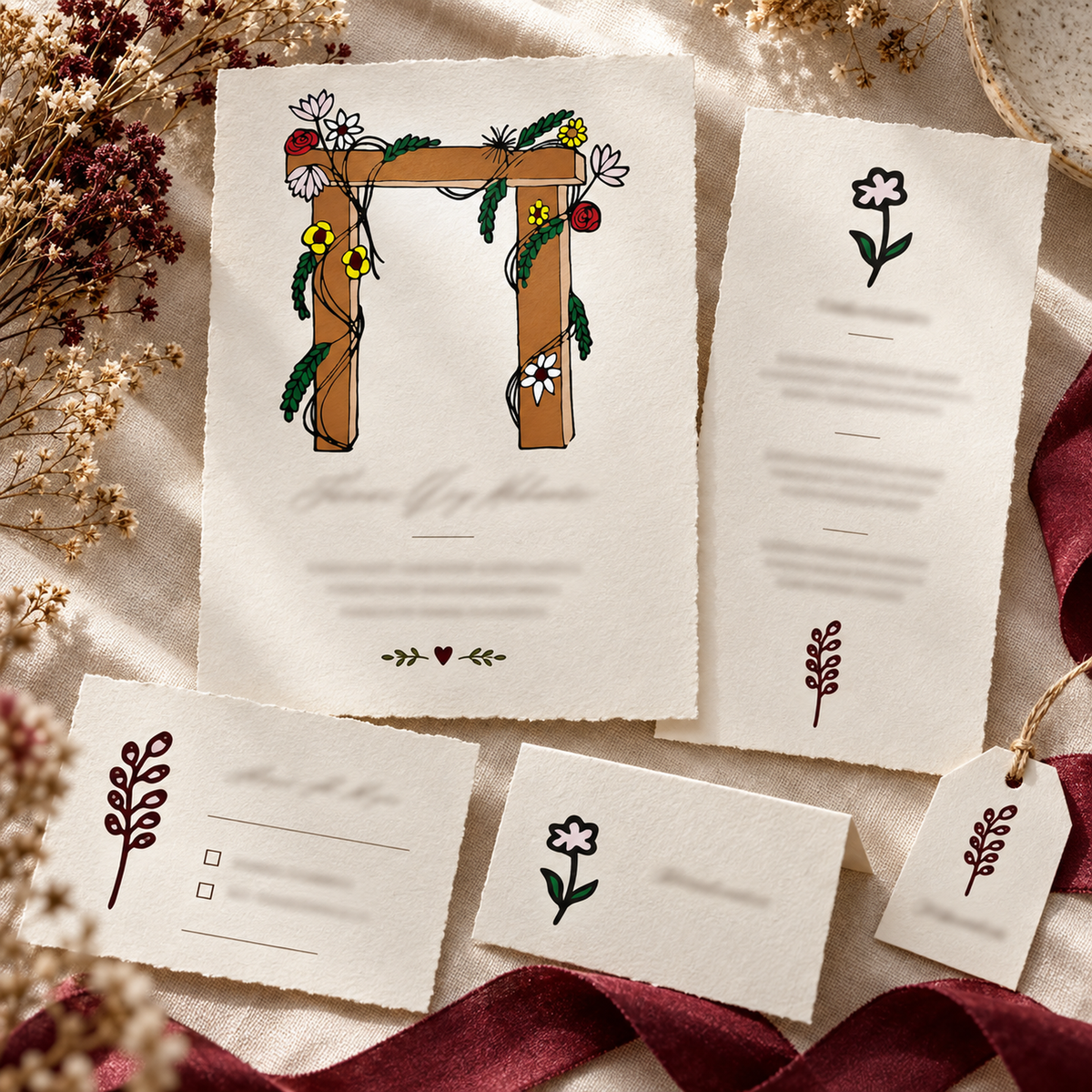Photorealistic wedding stationery using actual floral and botanical artwork.