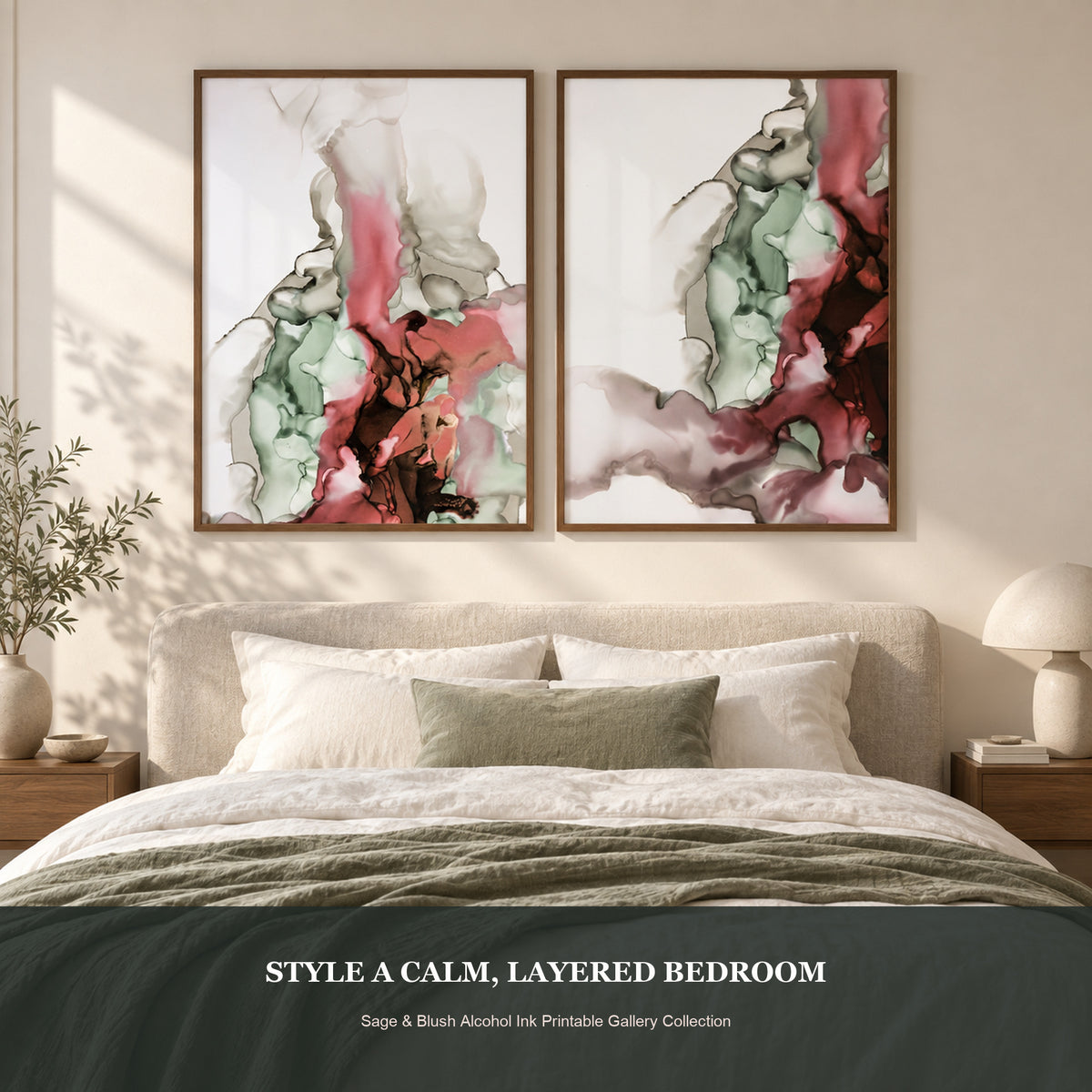 Photorealistic bedroom with two framed blush burgundy and sage alcohol ink artworks above the bed.