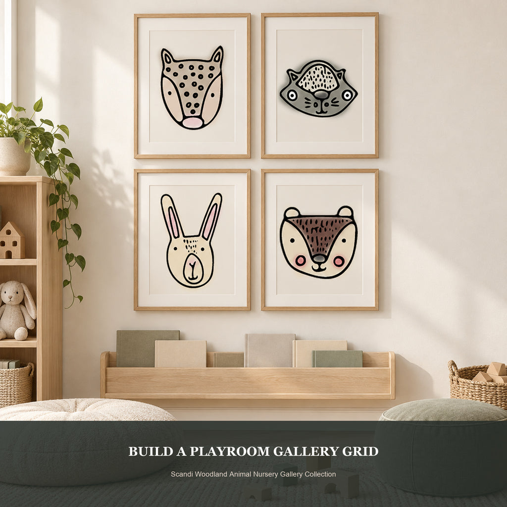 Photorealistic playroom reading corner with a four-print woodland animal gallery grid.