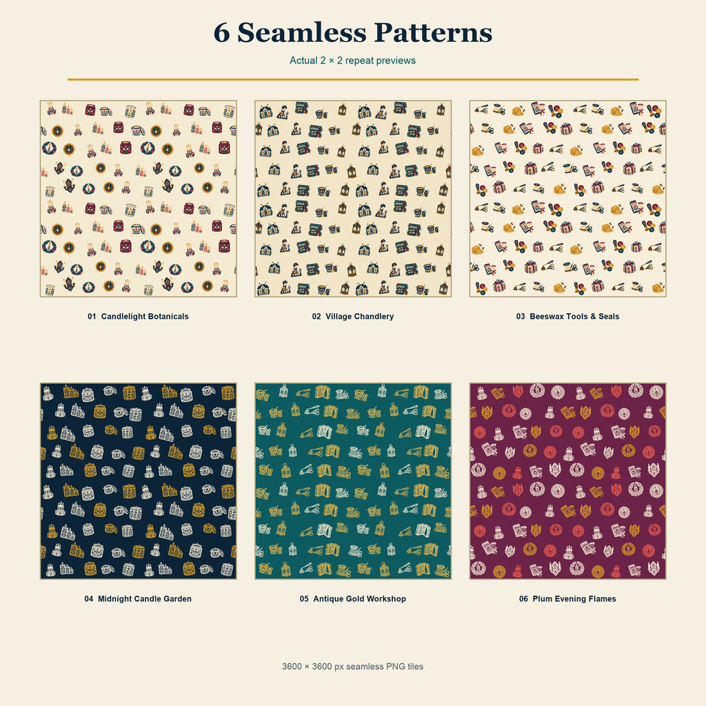 Folk Candle Maker's Cottage & Village Chandlery Clipart & Seamless Pattern Bundle - 40 Transparent PNGs + 6 Digital Papers