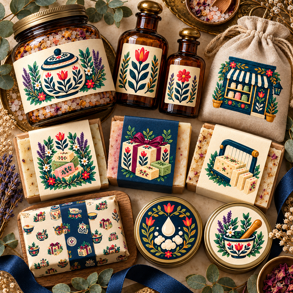 Folk soap and apothecary illustrations on customer product mockups