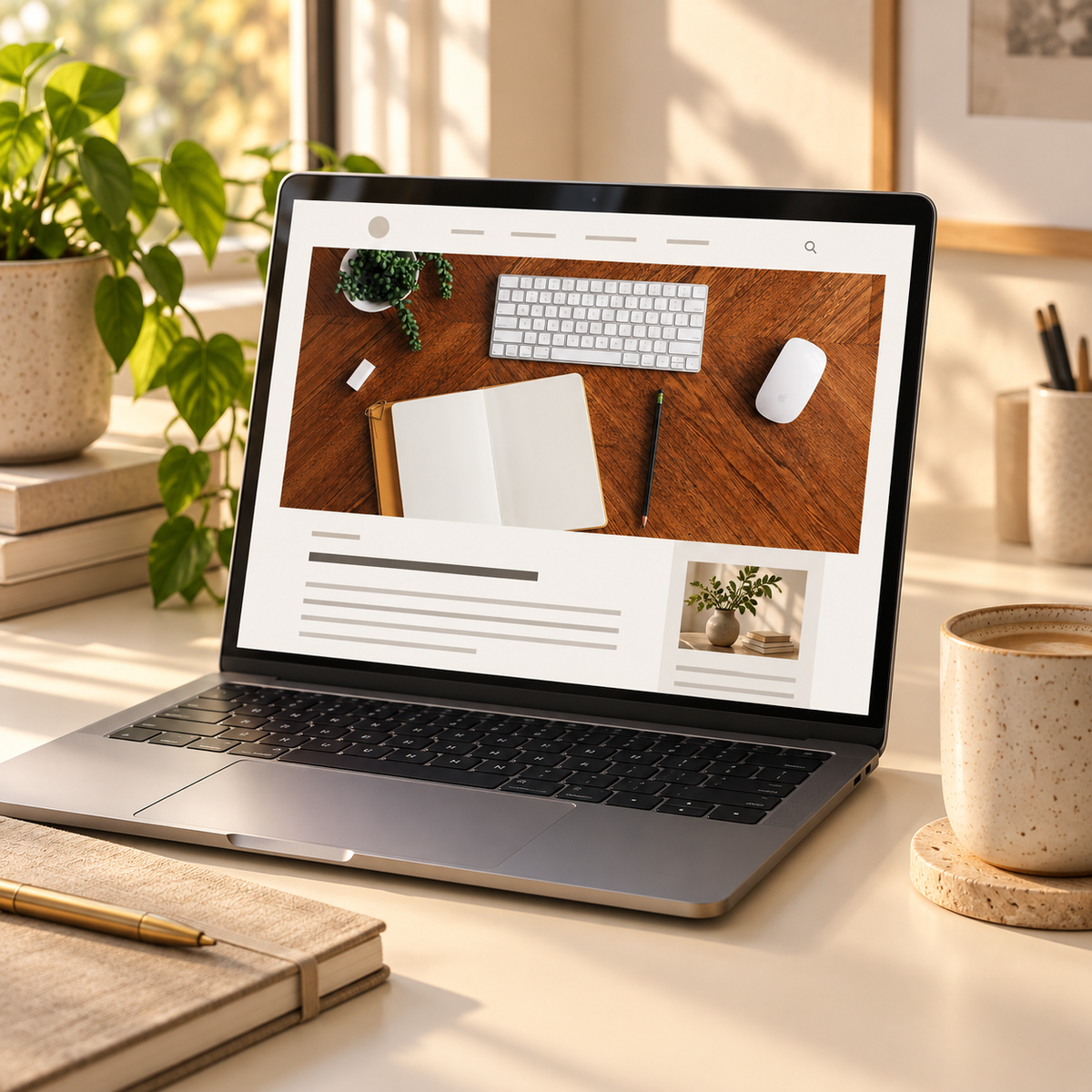 Photorealistic laptop displaying an actual workspace stock photo as a blog header