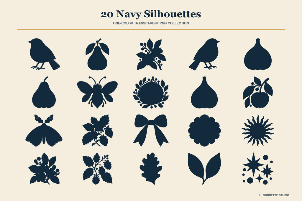 Overview of all 20 coordinating deep-navy transparent PNG silhouettes.