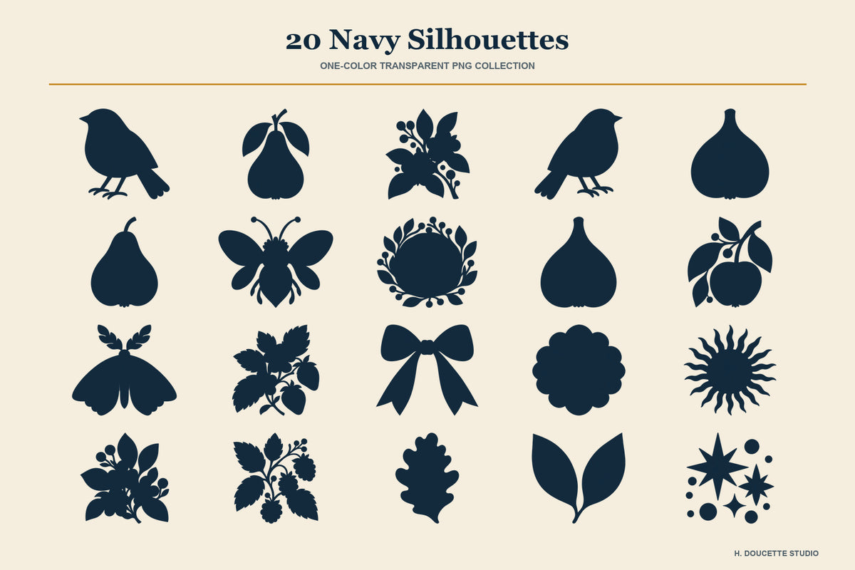 Overview of all 20 coordinating deep-navy transparent PNG silhouettes.