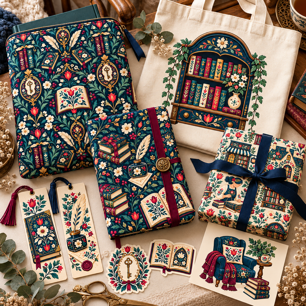 Folk bookbinder artwork on book sleeves, library totes, reading journals, bookmarks, and gifts