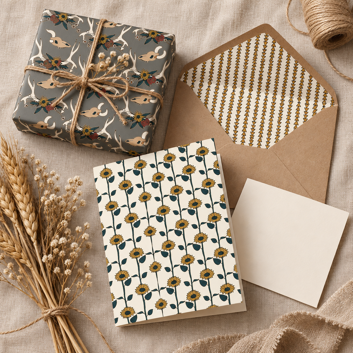 Photorealistic stationery and gift-wrap set using actual collection patterns.