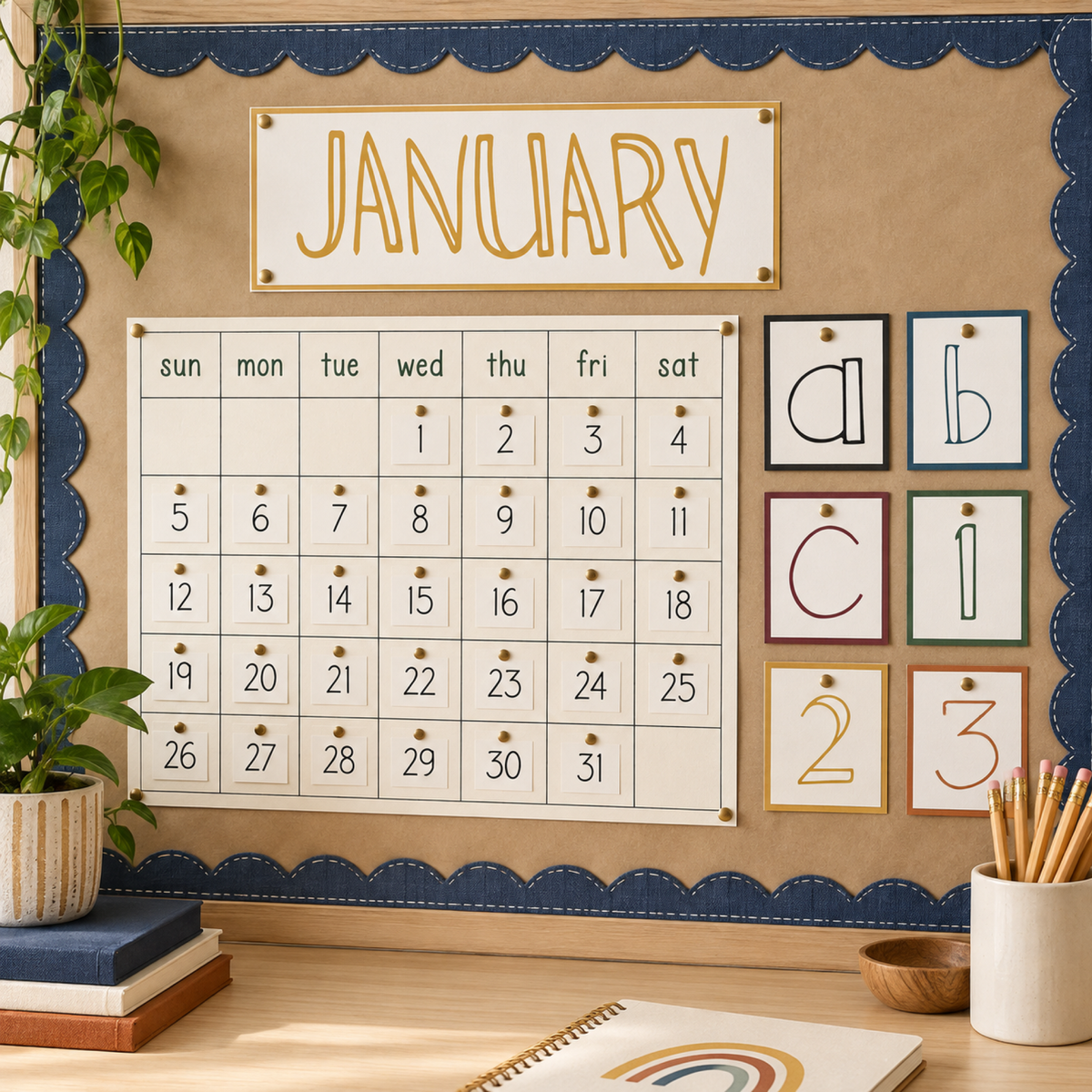 Photorealistic classroom calendar and alphabet display using the actual graphics.