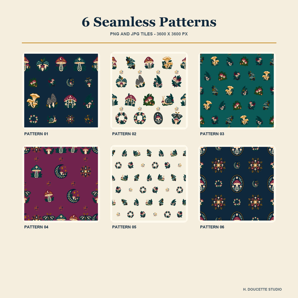 Enchanted Mushroom Grove Clipart & Seamless Pattern Bundle - 40 Transparent PNGs + 6 Digital Papers