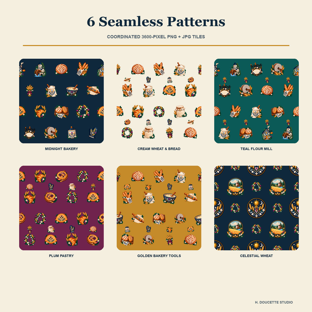 Overview of six coordinated seamless baker's cottage, bread, wheat, and flour mill pattern tiles.