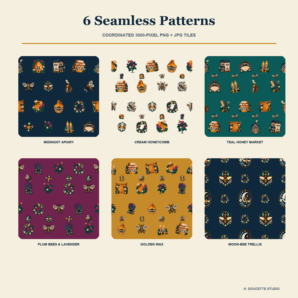 Overview of six coordinated seamless beekeeper's cottage and honey house pattern tiles.