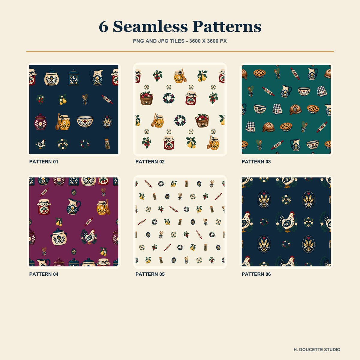 Folk Cottage Kitchen & Pantry Clipart & Seamless Pattern Bundle - 40 Transparent PNGs + 6 Digital Papers