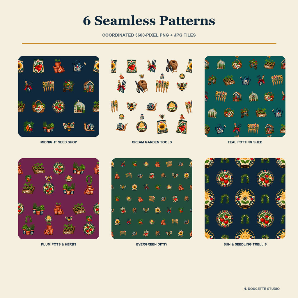 Overview of six coordinated seamless garden seed shop and potting shed pattern tiles in the collection palette.