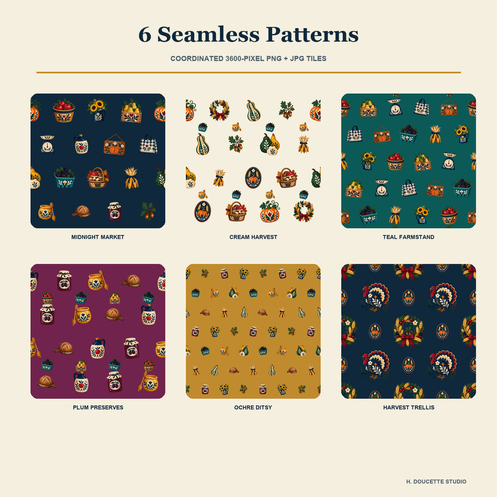 Overview of six coordinated seamless harvest market and farmstand pattern tiles in the collection palette.