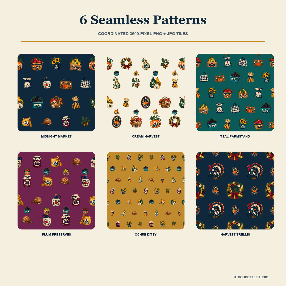 Overview of six coordinated seamless harvest market and farmstand pattern tiles in the collection palette.
