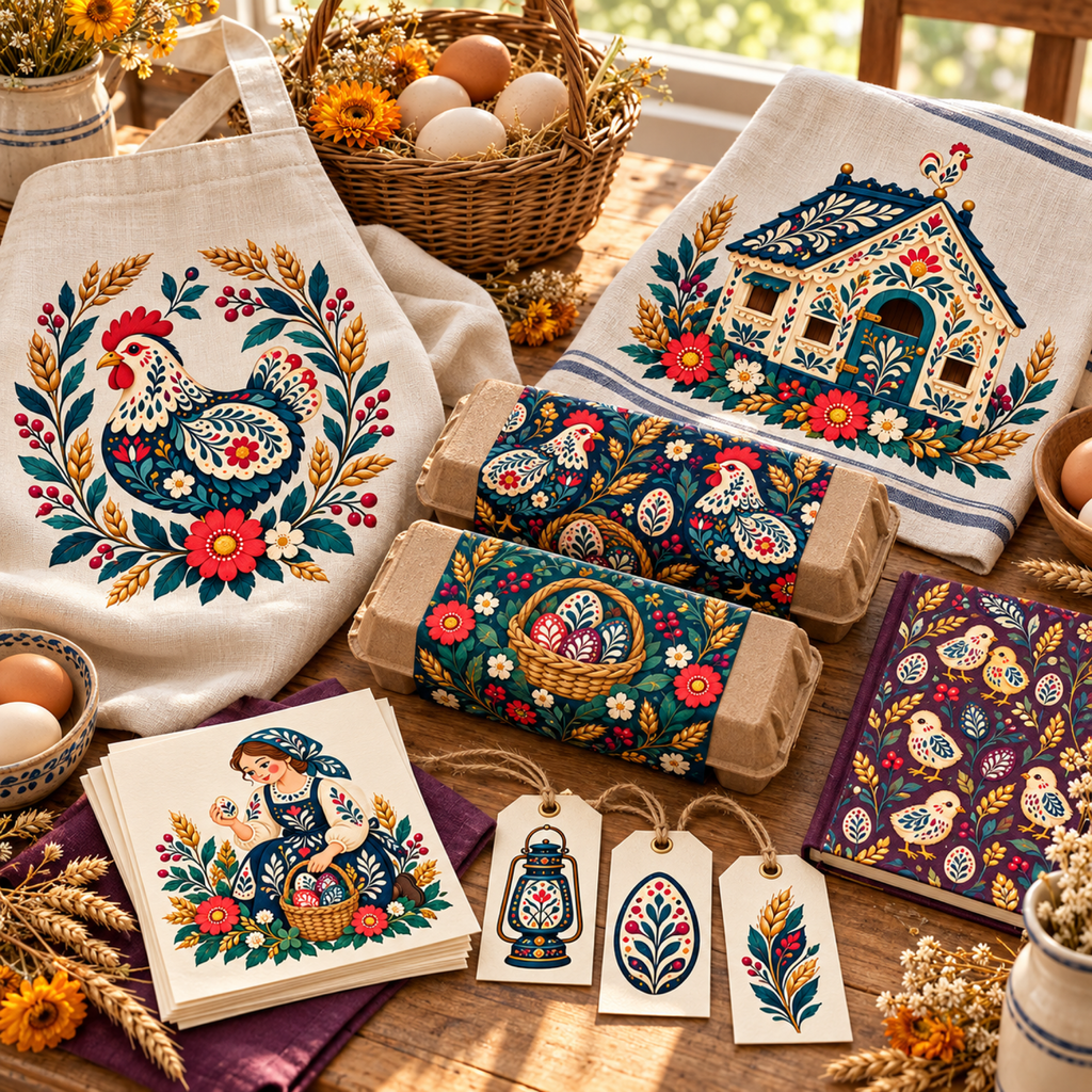 Folk Henhouse artwork and seamless patterns used on kitchen textiles, egg packaging, a market tote, labels, cards, and homestead goods.