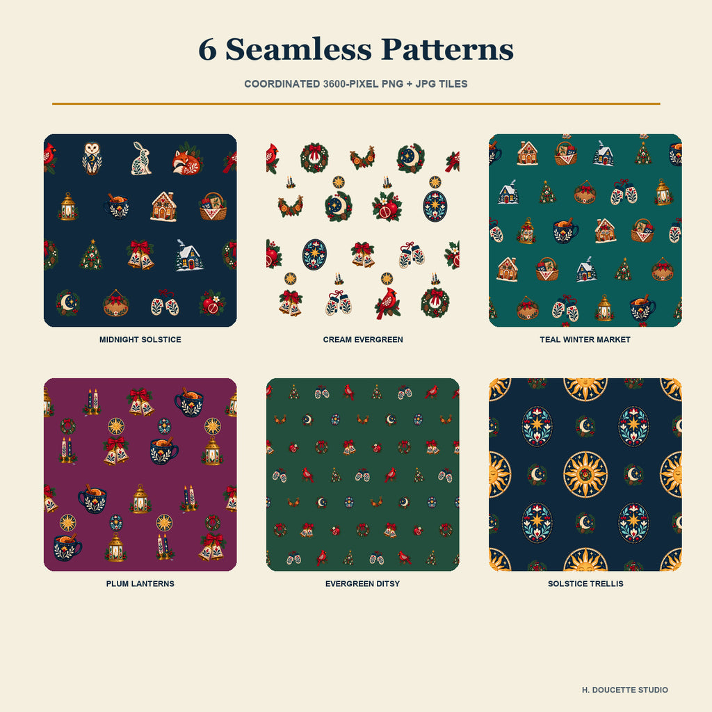 Folk Winter Solstice & Evergreen Market Clipart Bundle - 40 Transparent PNGs + 6 Seamless Patterns