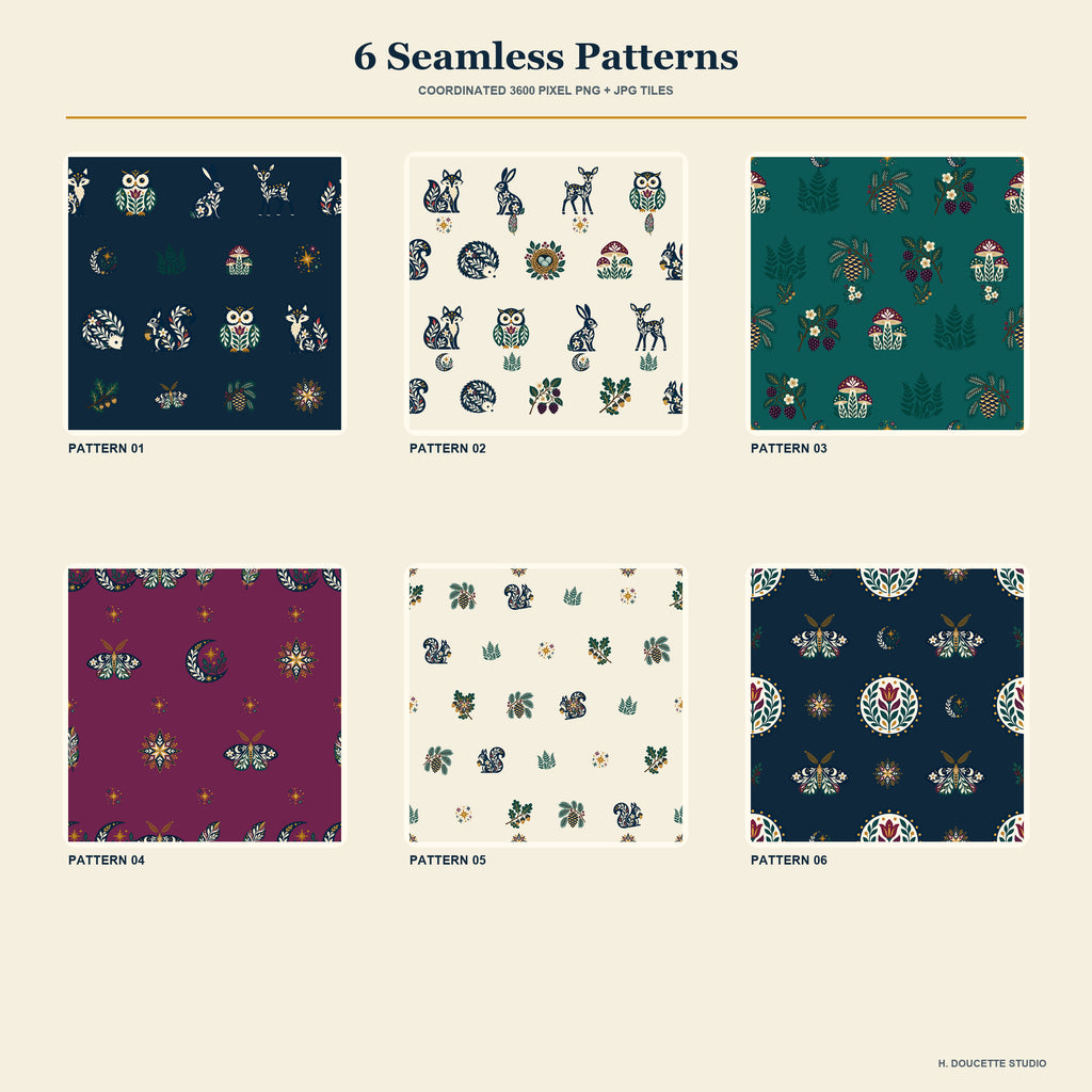 Overview of six seamless woodland patterns in midnight navy, teal, cream, plum, evergreen, berry red, and antique gold.