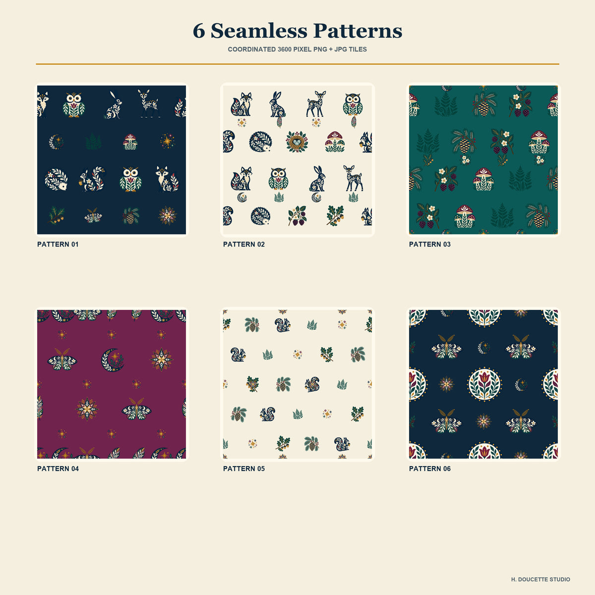 Overview of six seamless woodland patterns in midnight navy, teal, cream, plum, evergreen, berry red, and antique gold.