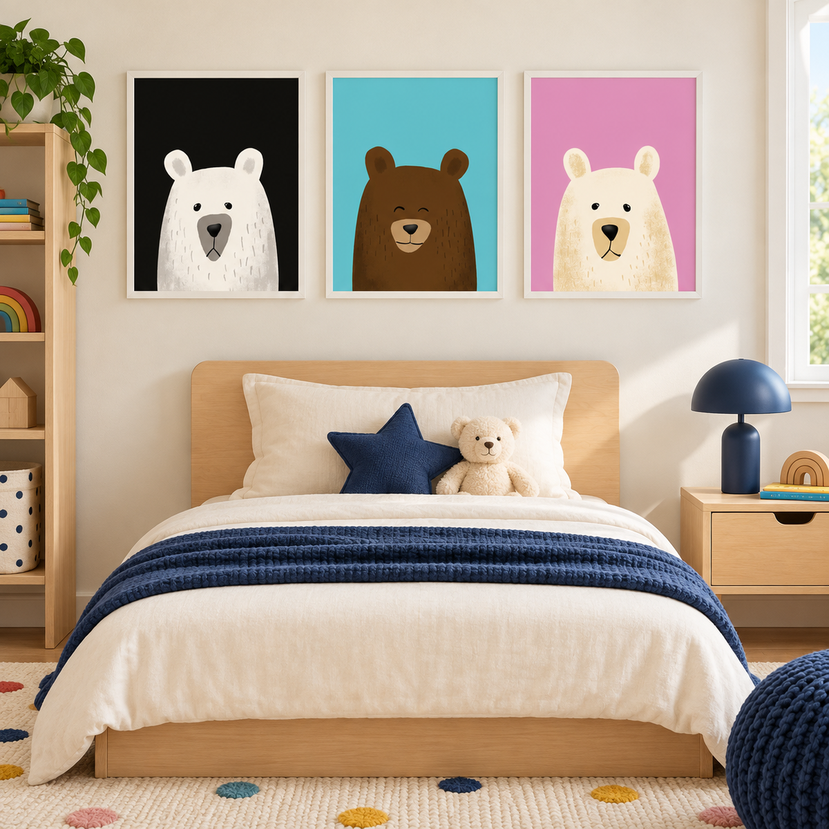 Three Gentle Bears prints framed above a colorful child's bed