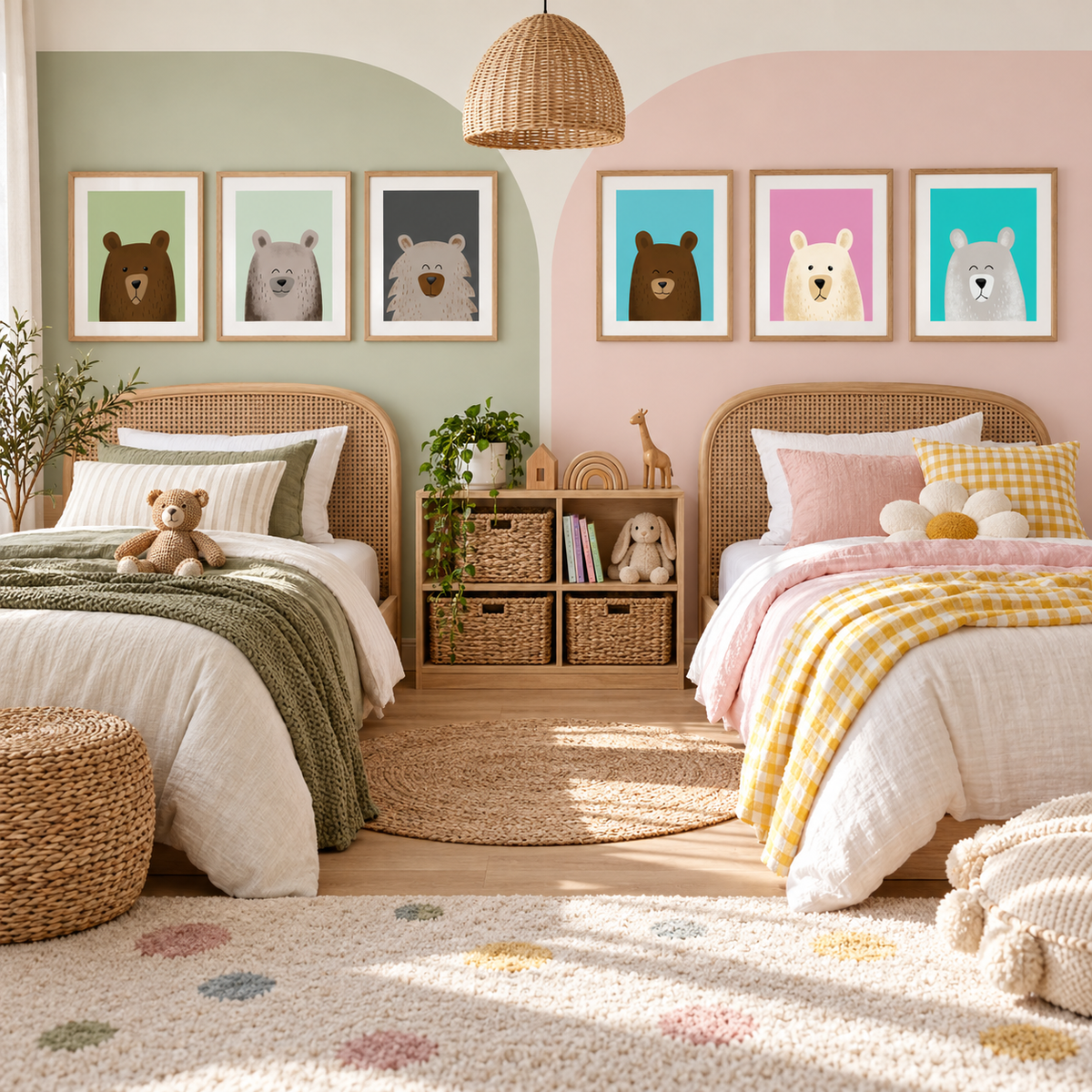 Photorealistic nursery zones comparing Quiet Forest and Bright and Playful bear prints.