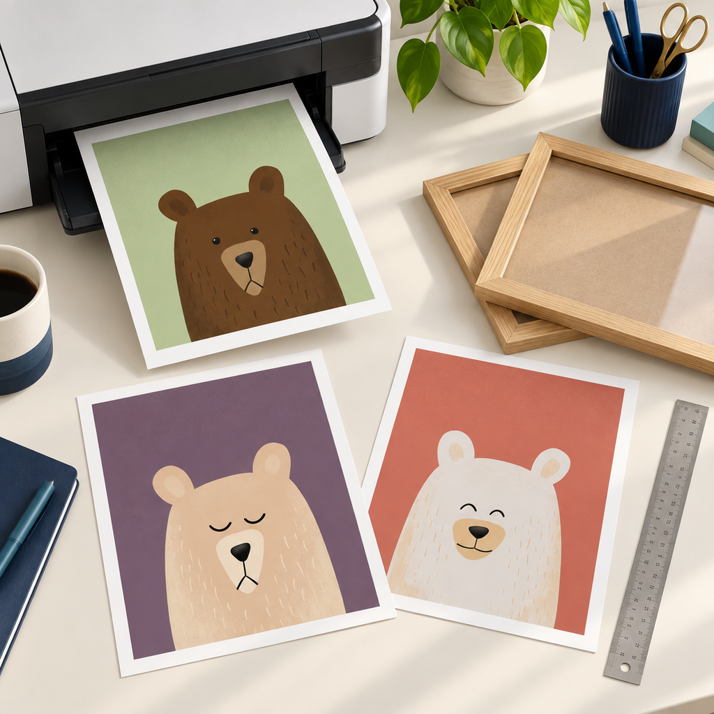 Gentle Bears artwork being printed and prepared for framing at home