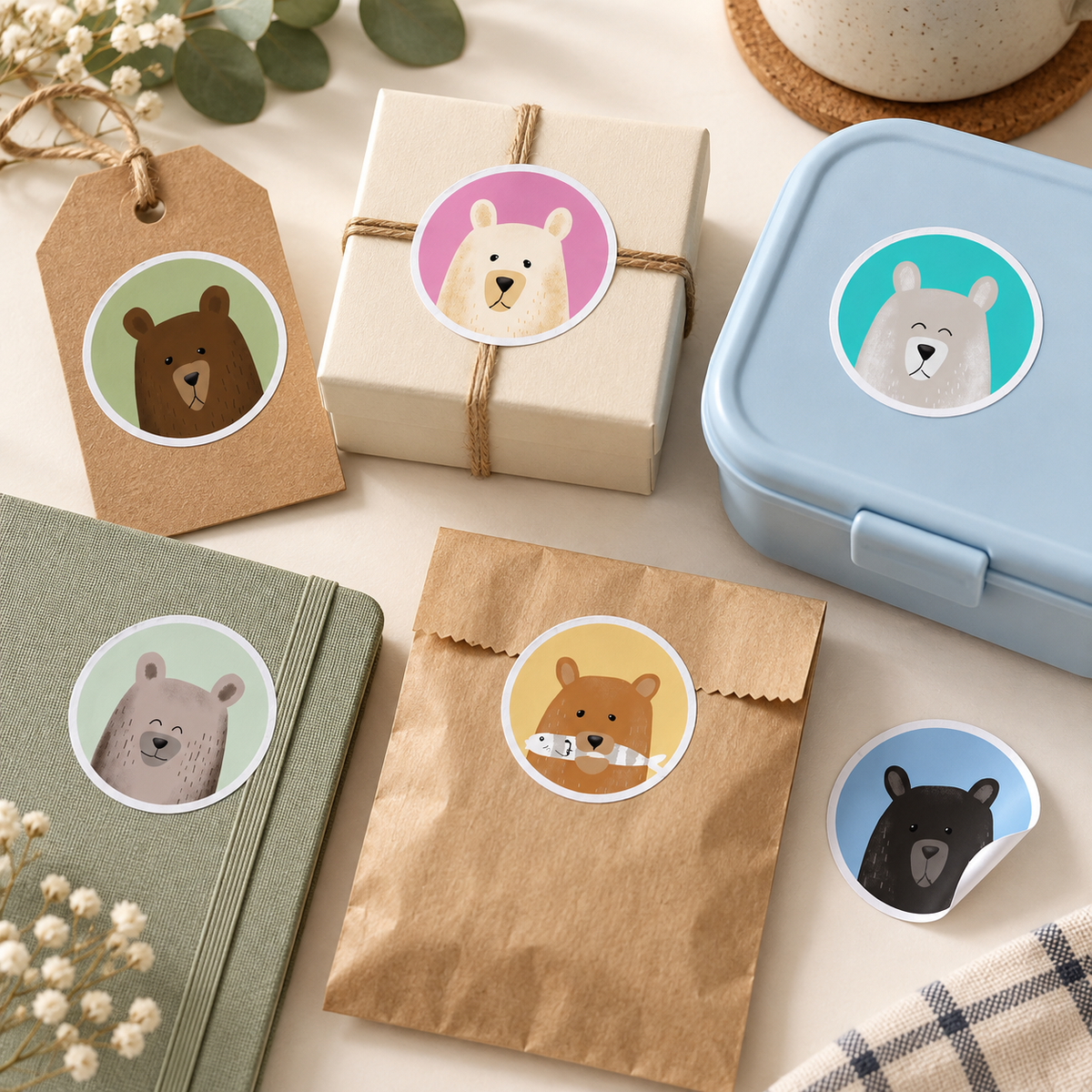 Six different printed Gentle Bears stickers used on a gift tag, box, lunchbox, journal, treat bag, and as a loose peeled label.