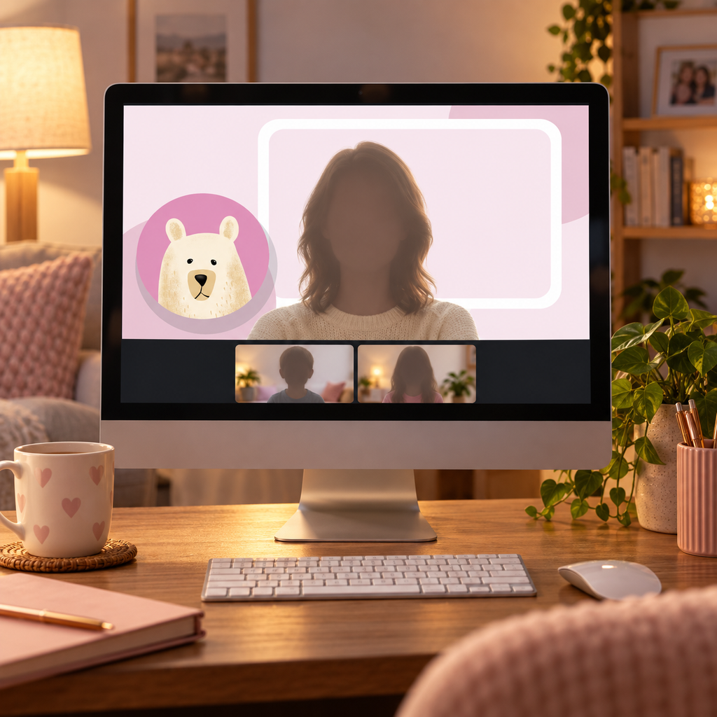Photorealistic family video-call setup using an actual Gentle Bears virtual background.