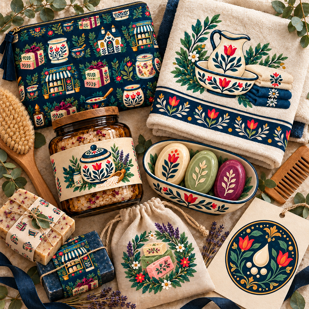 Folk herbal bathhouse and spa illustrations on product applications