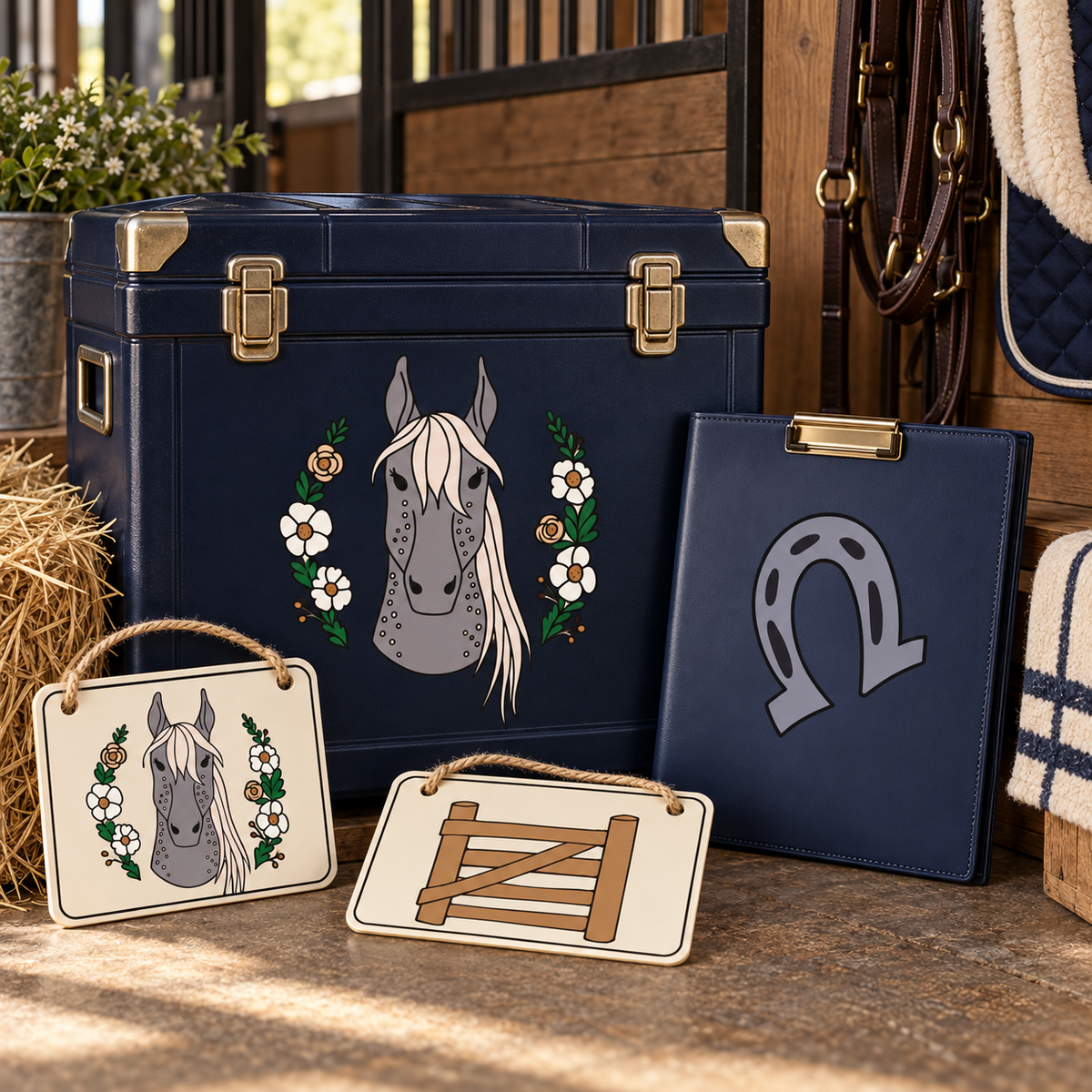 Photorealistic tack trunk and stable signage using the actual clipart.