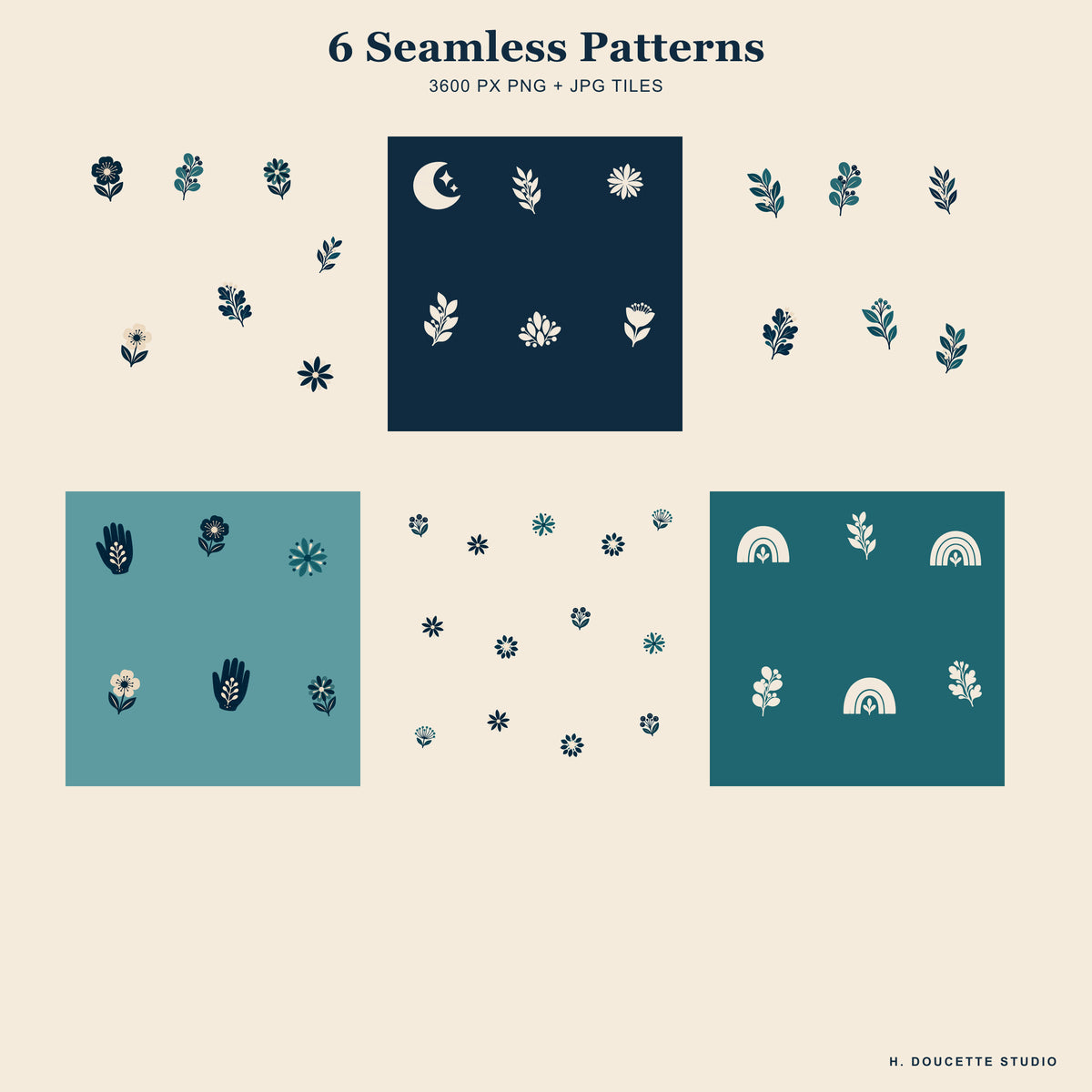Overview of six navy, teal, sea-glass, and cream seamless botanical patterns.