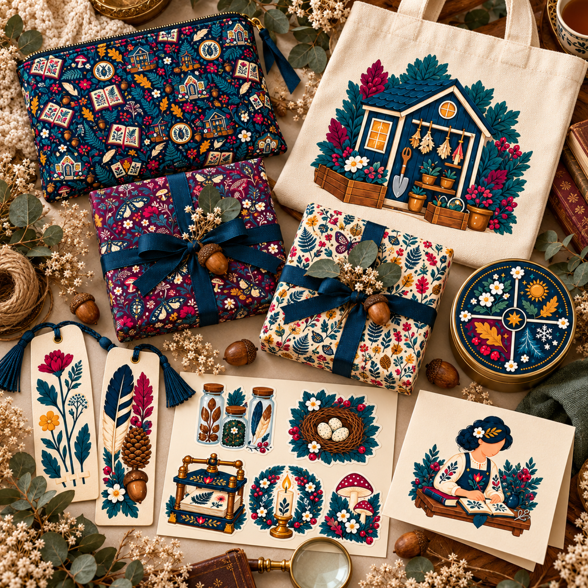 Naturalist artwork and patterns shown on botanical-shop packaging, tote, pouch, tin, tags, sticker sheet, and note card.
