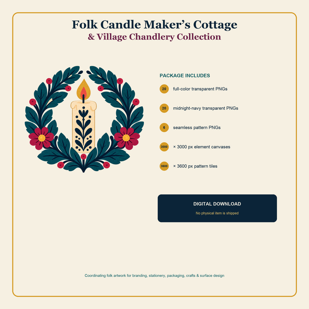 Folk Candle Maker's Cottage & Village Chandlery Clipart & Seamless Pattern Bundle - 40 Transparent PNGs + 6 Digital Papers