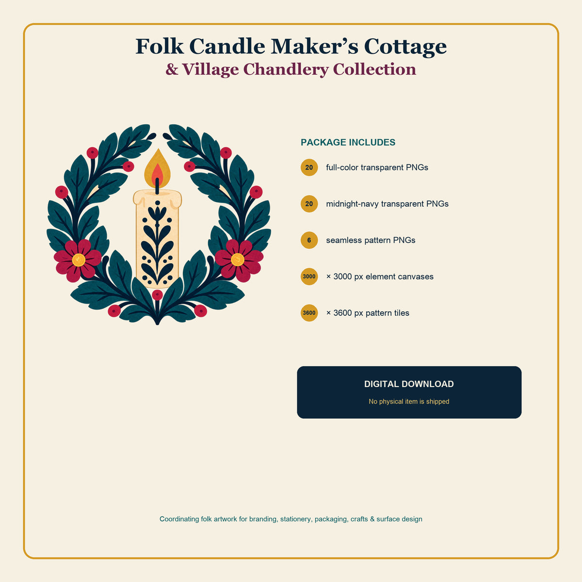 Folk Candle Maker's Cottage & Village Chandlery Clipart & Seamless Pattern Bundle - 40 Transparent PNGs + 6 Digital Papers
