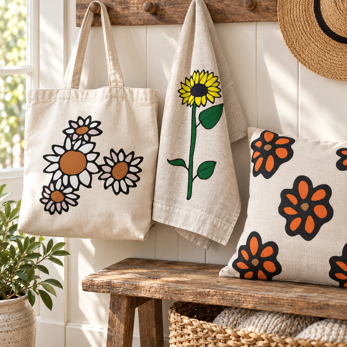Photorealistic tote and tea towel using actual wildflower artwork.