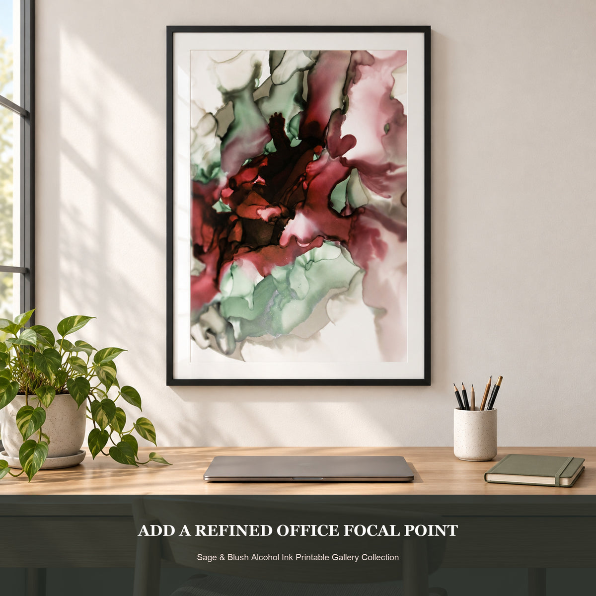 Photorealistic home office with a large framed abstract alcohol ink printable artwork.