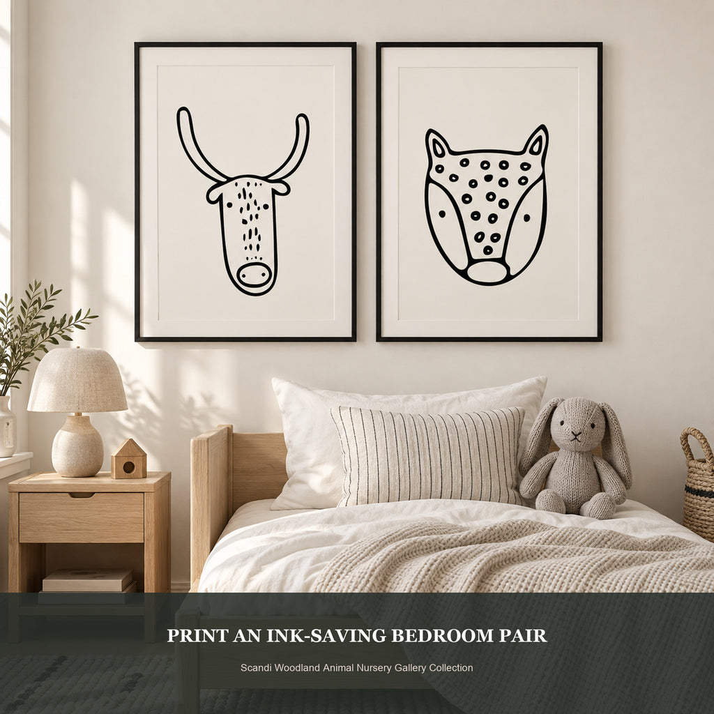 Photorealistic child’s bedroom with two black-and-white woodland animal prints above the bed.
