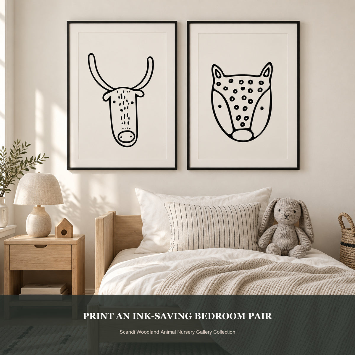 Photorealistic child’s bedroom with two black-and-white woodland animal prints above the bed.