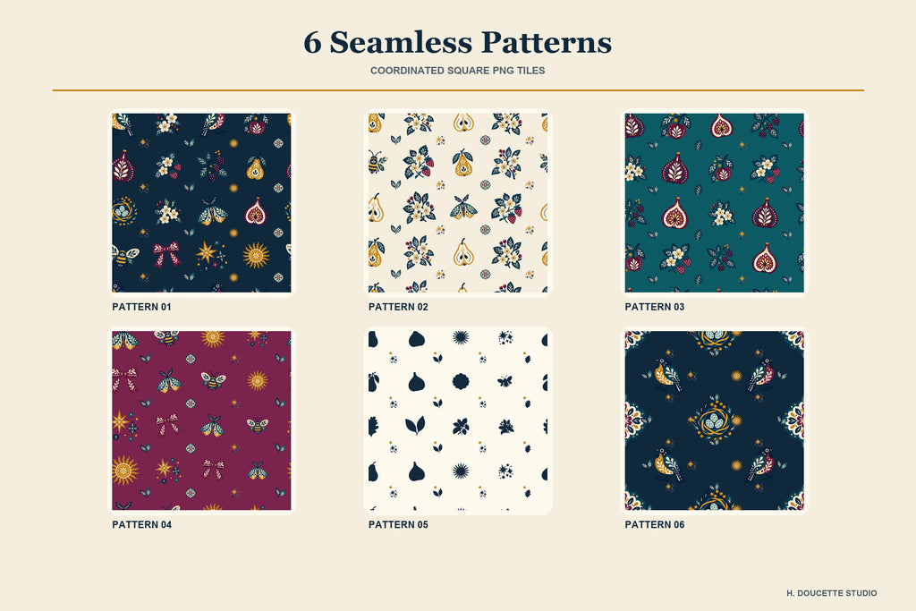 Overview of six seamless orchard patterns in midnight navy, teal, cream, plum, and antique gold.