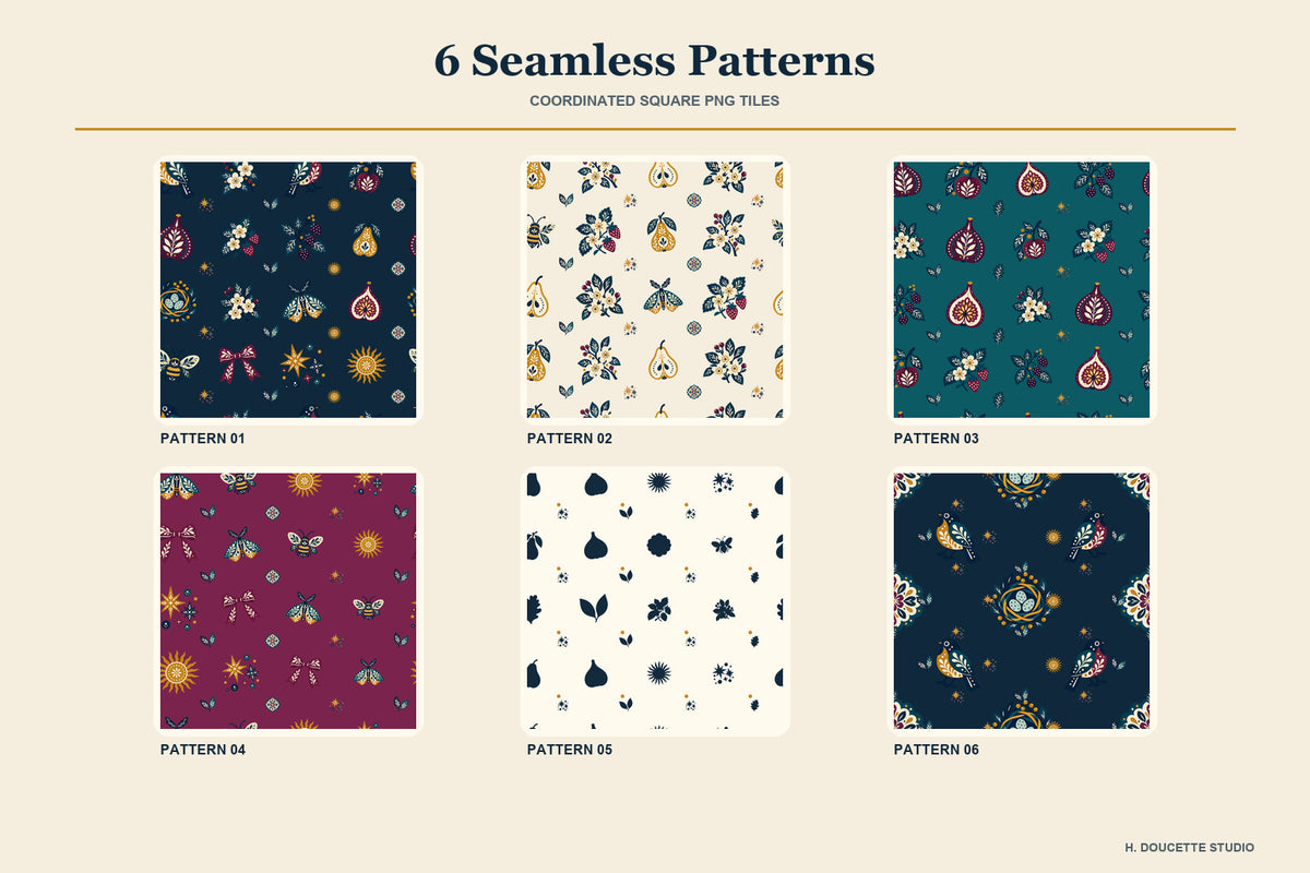 Overview of six seamless orchard patterns in midnight navy, teal, cream, plum, and antique gold.