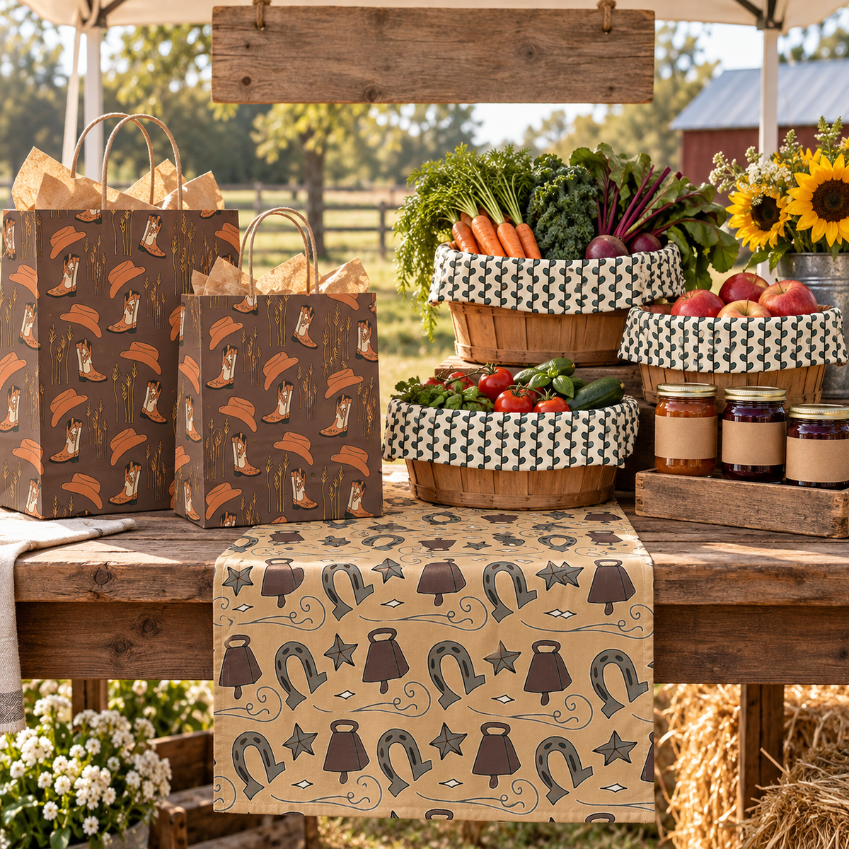 Photorealistic market booth branding using actual Country Collection patterns.