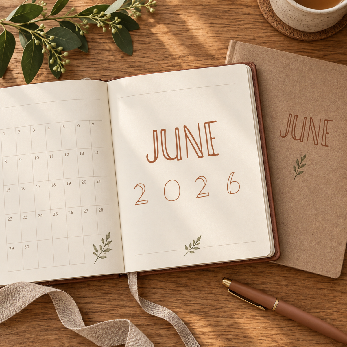 Photorealistic planner and journal layout using the actual June lettering graphics.