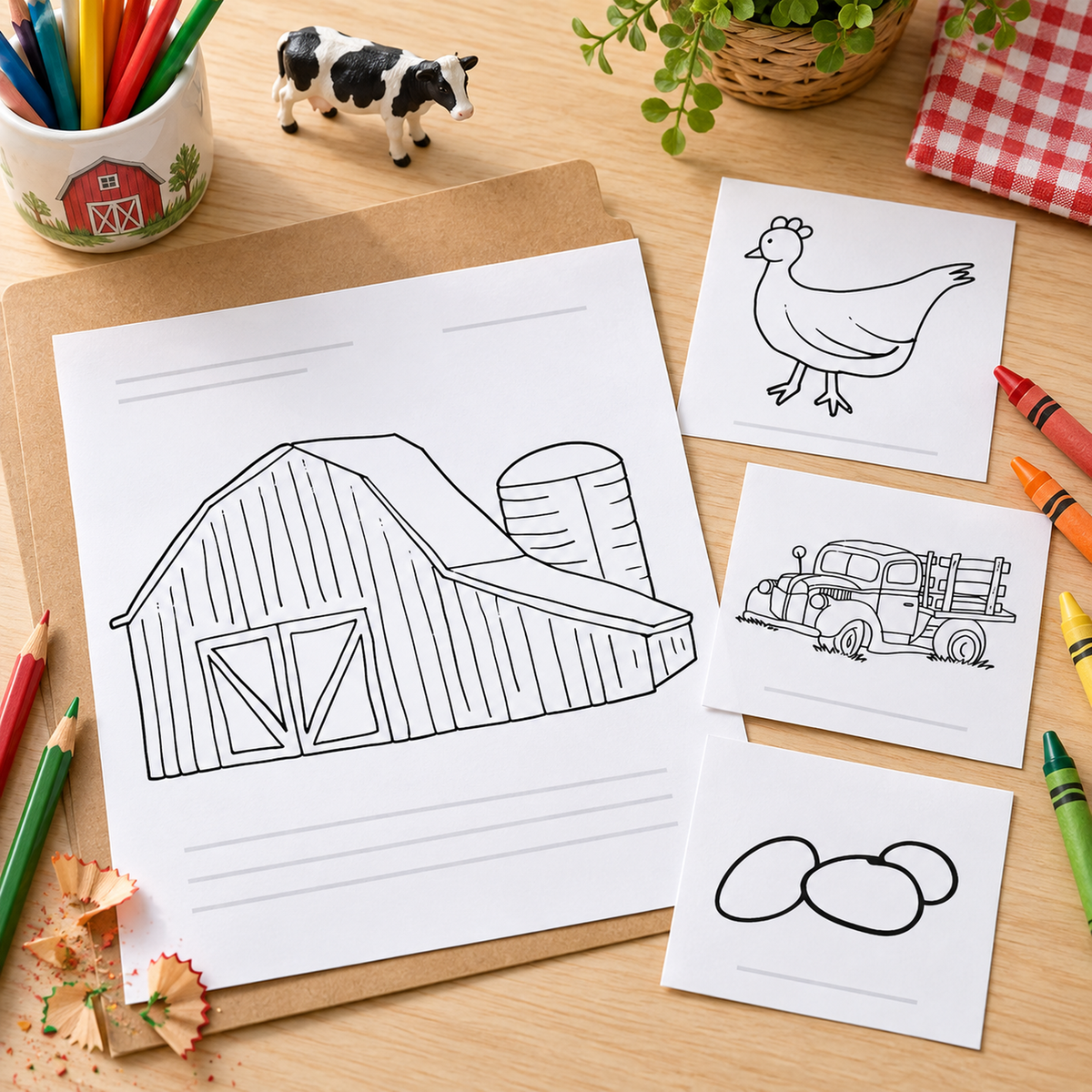 Photorealistic classroom and coloring-project materials using the actual black-and-white artwork.