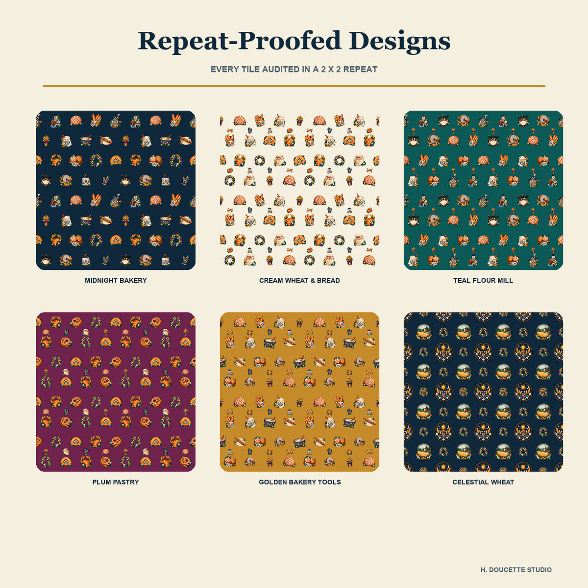 Two-by-two repeat proofs demonstrating the six verified seamless bakery and flour mill pattern tiles.