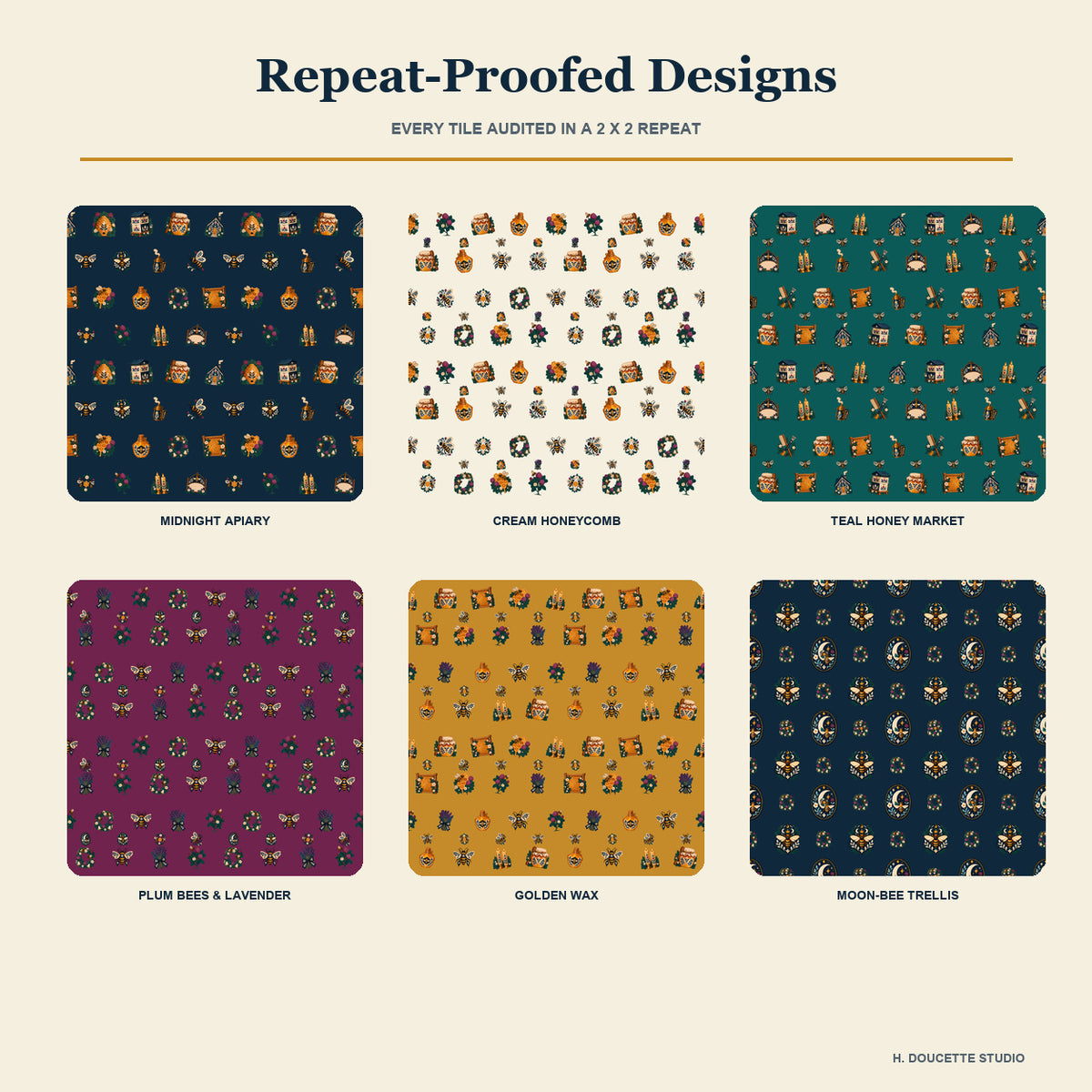 Two-by-two repeat proofs demonstrating the six verified seamless pattern tiles.