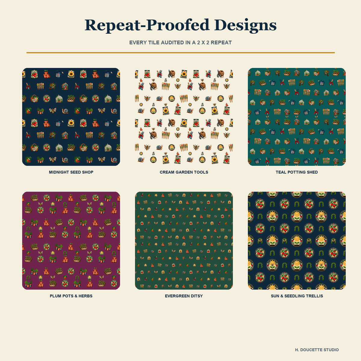 Two-by-two repeat proofs demonstrating the six verified seamless pattern tiles.