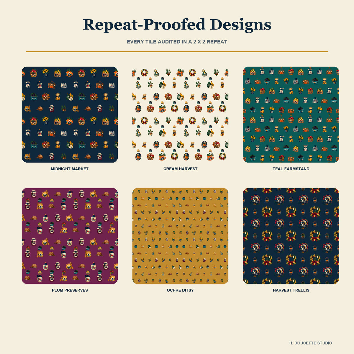 Two-by-two repeat proofs demonstrating the six verified seamless pattern tiles.