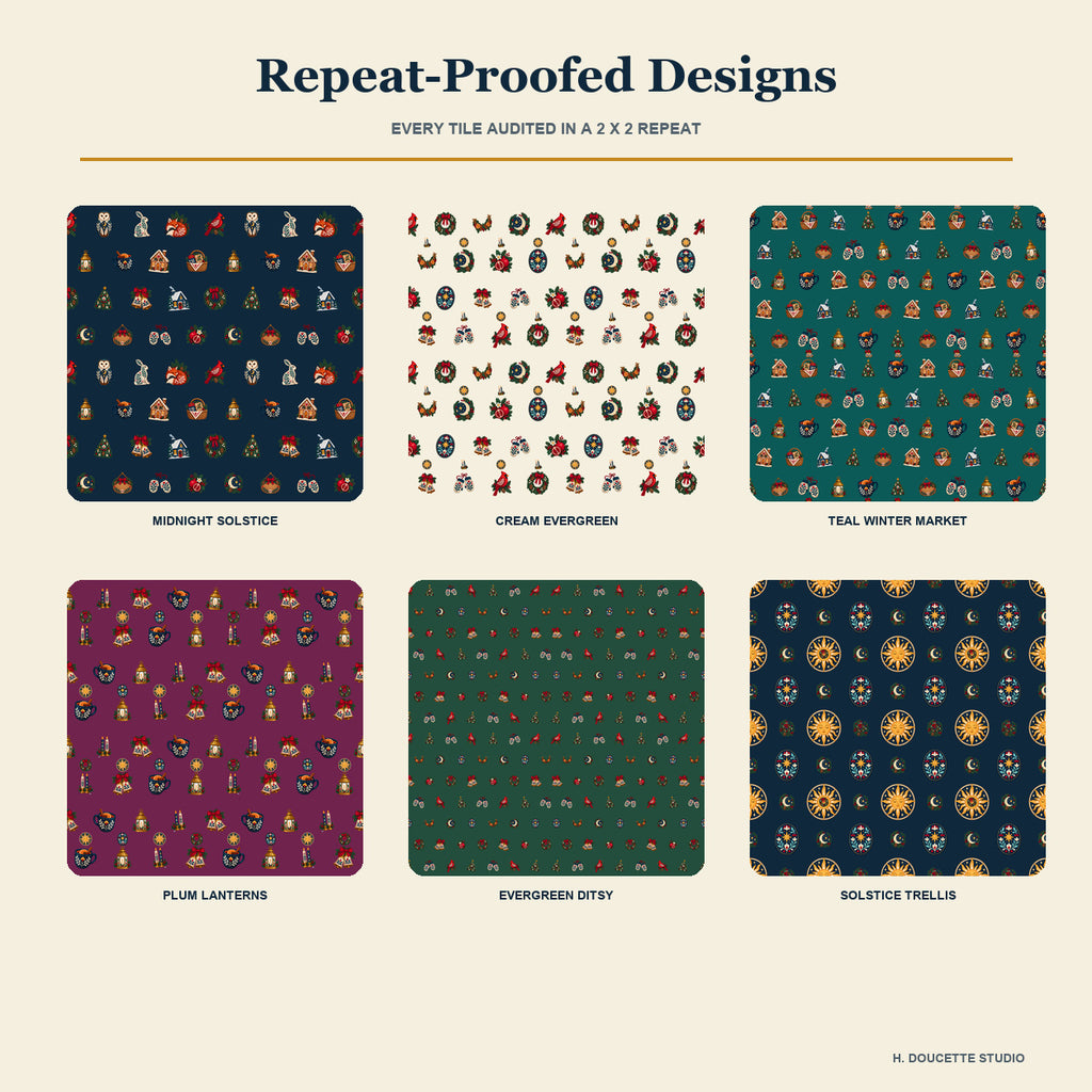 Folk Winter Solstice & Evergreen Market Clipart Bundle - 40 Transparent PNGs + 6 Seamless Patterns