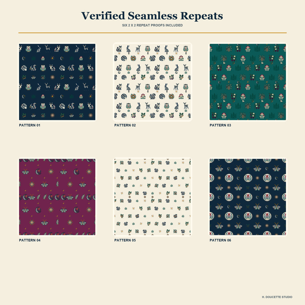 Two-by-two proofs demonstrating the six verified seamless pattern tiles.